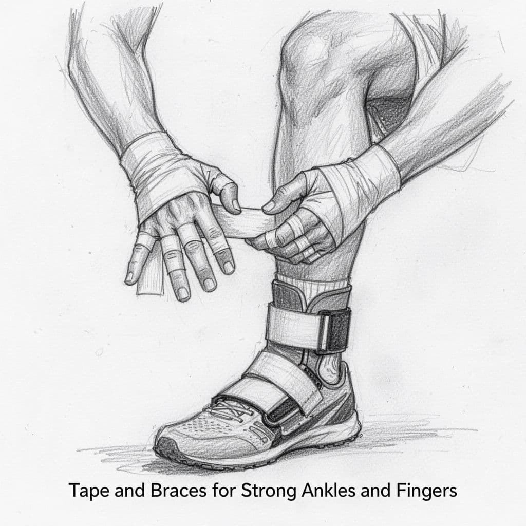 Hand-drawn graphite linework sketch with light shading on white paper: close-up of athlete applying athletic tape to fingers and wearing ankle brace, one person, simple clean composition, no text or logos.
