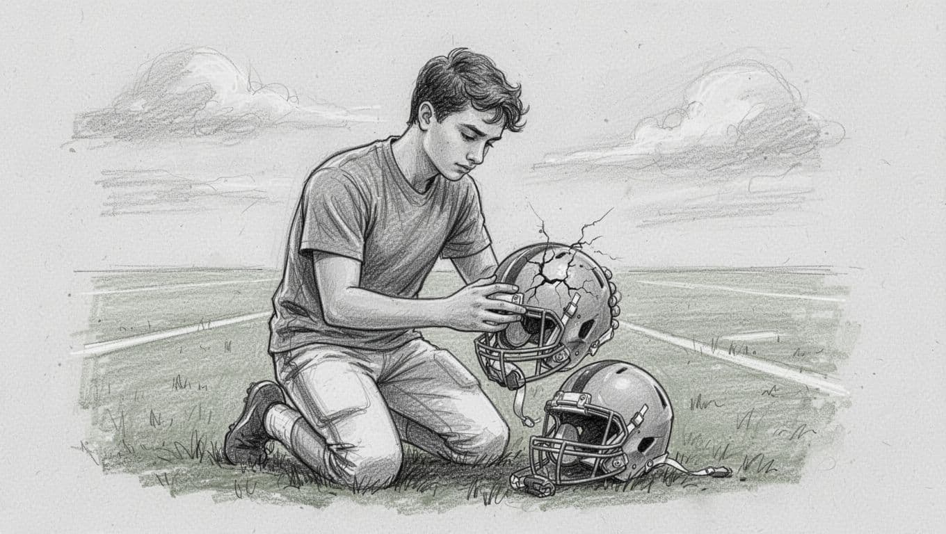 A young athlete kneeling on a grassy sports field, carefully inspecting a football helmet for cracks and loose straps with a focused expression.