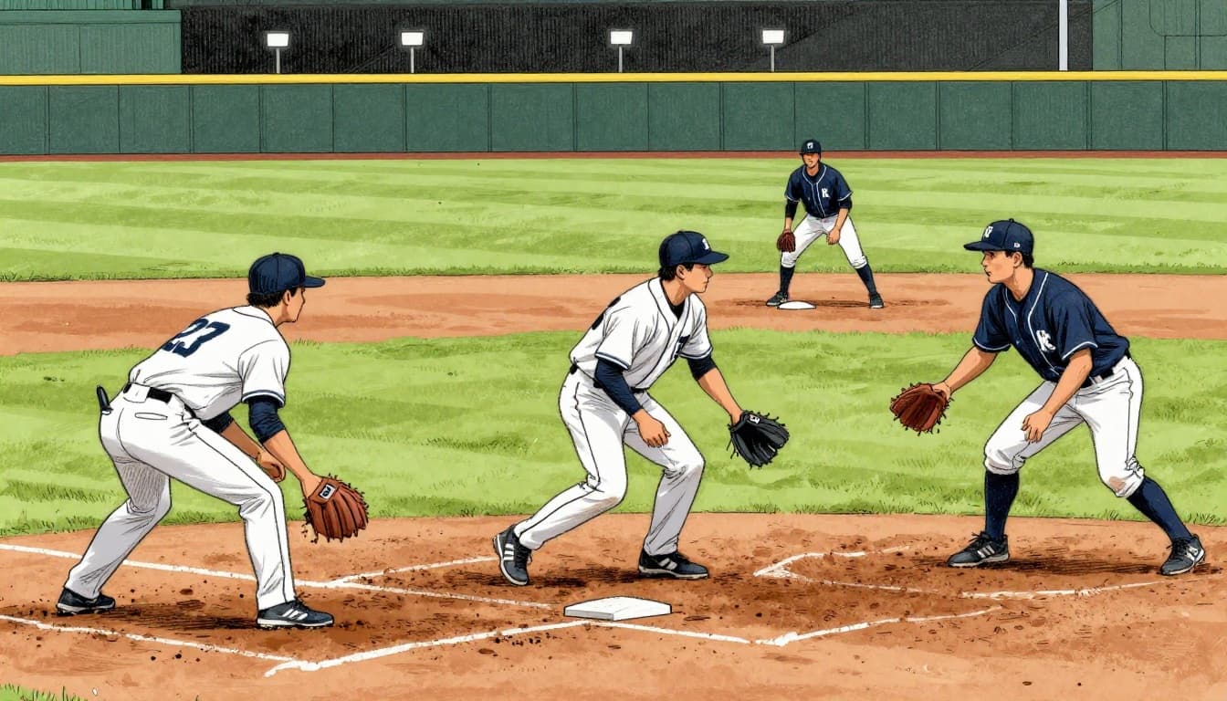 Hand-drawn graphite sketch depicting baseball infielders turning a double play: shortstop fields the grounder and throws to the second baseman, who steps on the bag, pivots, and throws to the first baseman stretching for the catch, on a dirt infield with stadium lights in the background.