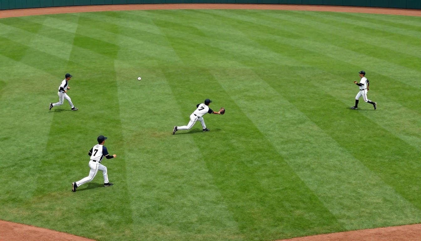 Center fielder diving for a fly ball catch with left and right fielders backing up in a vast green outfield, hand-drawn graphite sketch style.
