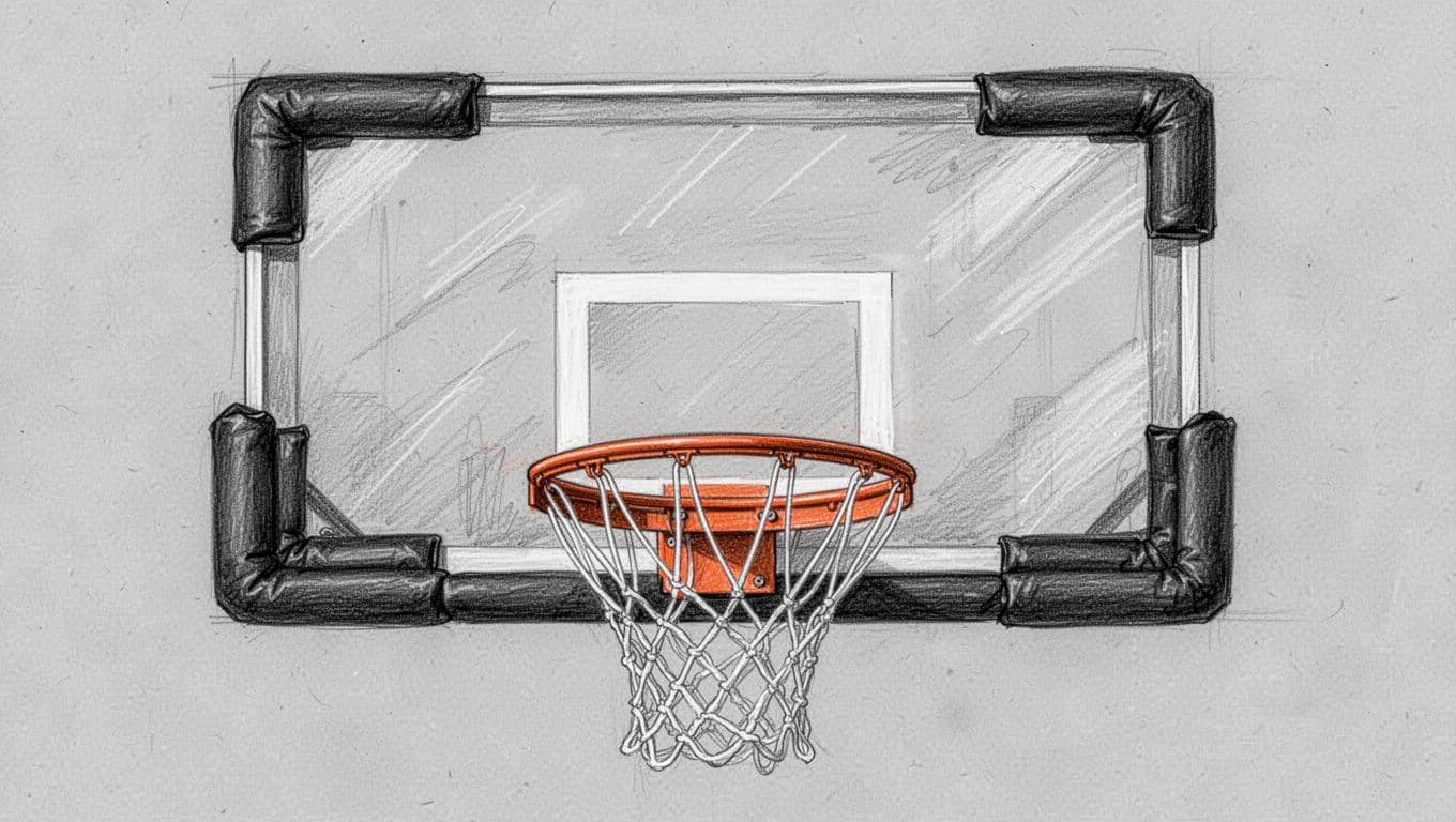 Hand-drawn graphite sketch close-up of a 72x42 inch basketball backboard highlighting safety features: tempered glass panel with shooter's square, thick black padding on edges and frame, orange rim offset-mounted to frame, white cord net, and cushion gaskets.