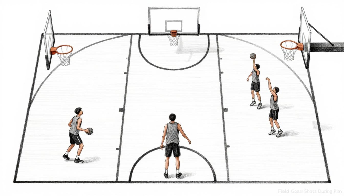 Hand-drawn sketch of a basketball half-court with a player dribbling for a layup inside the three-point arc and another shooting a jump shot from behind it, highlighting the difference between 2-point and 3-point field goal zones.