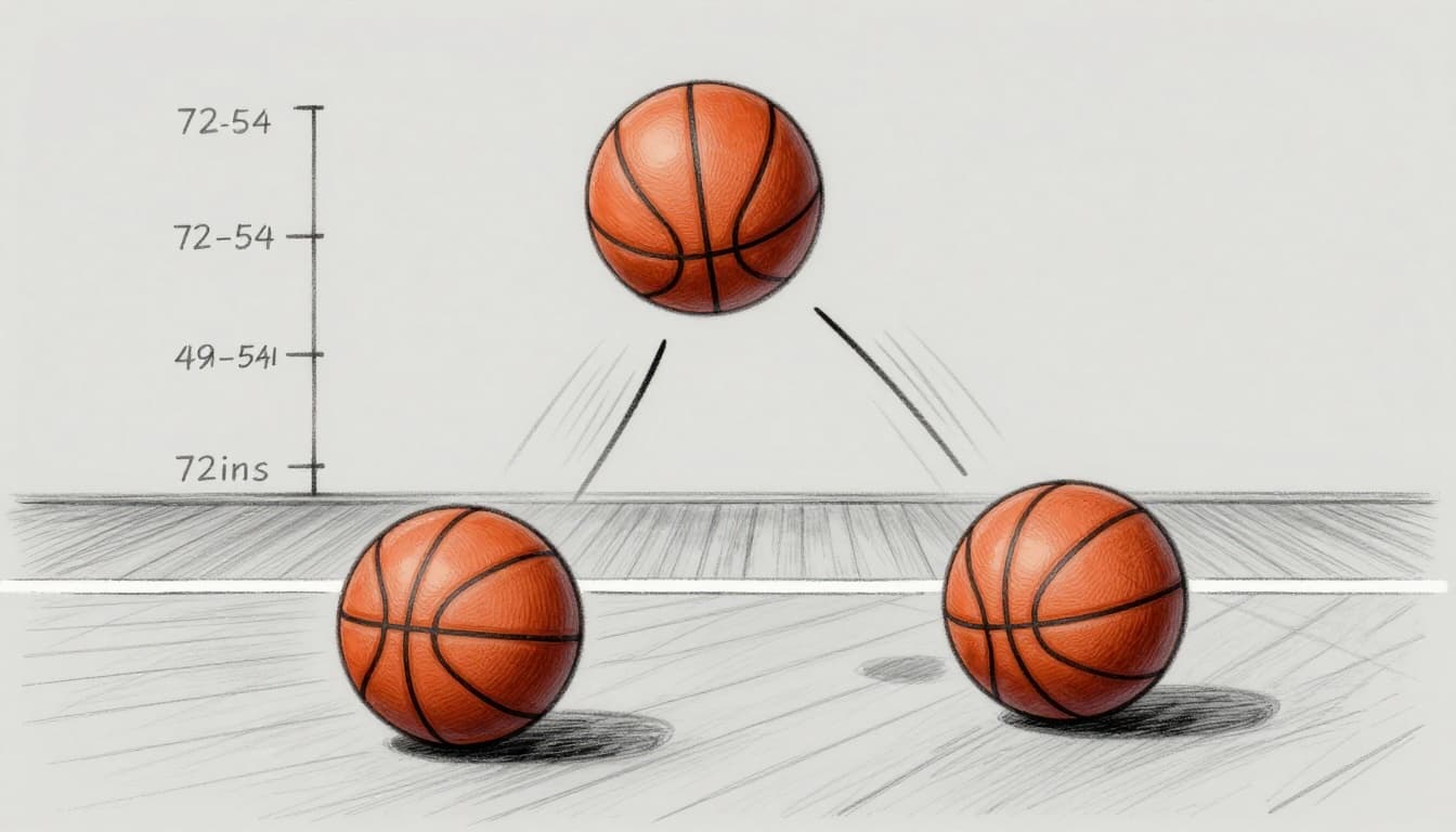 Hand-drawn sketch of a gym scene on wooden court floor showing properly inflated orange basketball bouncing high to 49-54 inches with motion trail from 72-inch drop, next to under-inflated basketball bouncing low, graphite linework, light shading, gray paper background.