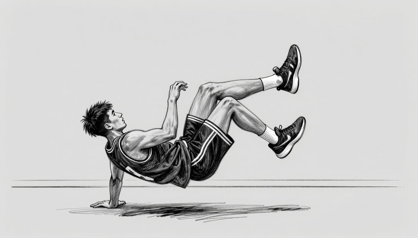 Dynamic side profile hand-drawn sketch of a basketball player in sportswear doing skater hops side to side on a court, with graphite linework, light shading, gym lighting, and clean light gray background.