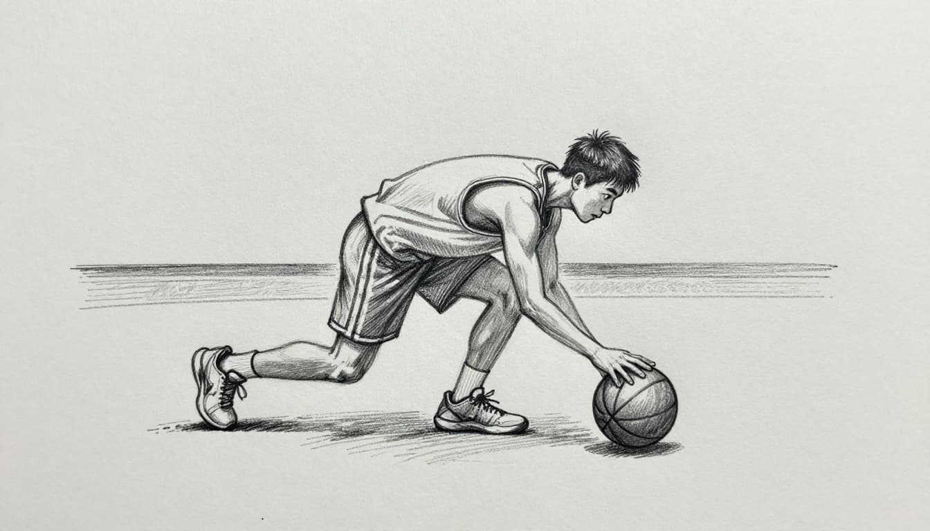 Hand-drawn graphite sketch of one basketball player on indoor court performing stationary pound dribble: knees low, eyes forward, right arm extended pushing ball hard to floor with fingertips, low bounce, feet shoulder-width, back straight.