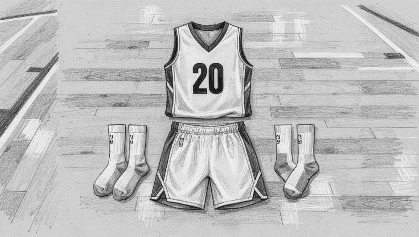Hand-drawn graphite sketch depicting basketball uniform components—V-neck jersey with bold chest number, matching shorts with side panels, and socks with compression cuffs—laid out on a wooden court floor. Features light shading for depth, natural gym lighting, and a clean light gray paper background with centered composition.