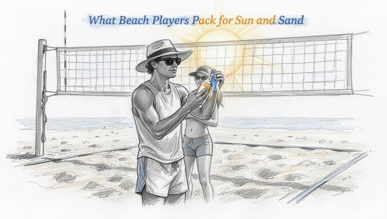 Hand-drawn graphite sketch of a solo beach volleyball player in light clothes, hat, and sunglasses applying sunscreen on a sandy court with net in a sunny setting.