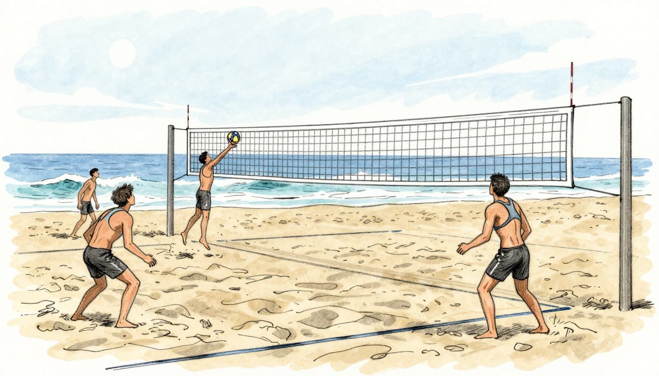 Hand-drawn graphite linework sketch on white paper showing exactly four players—two per side—on a sandy beach volleyball court, one serving over the net while another receives, with ocean waves behind the fence and a relaxed sunny vibe.