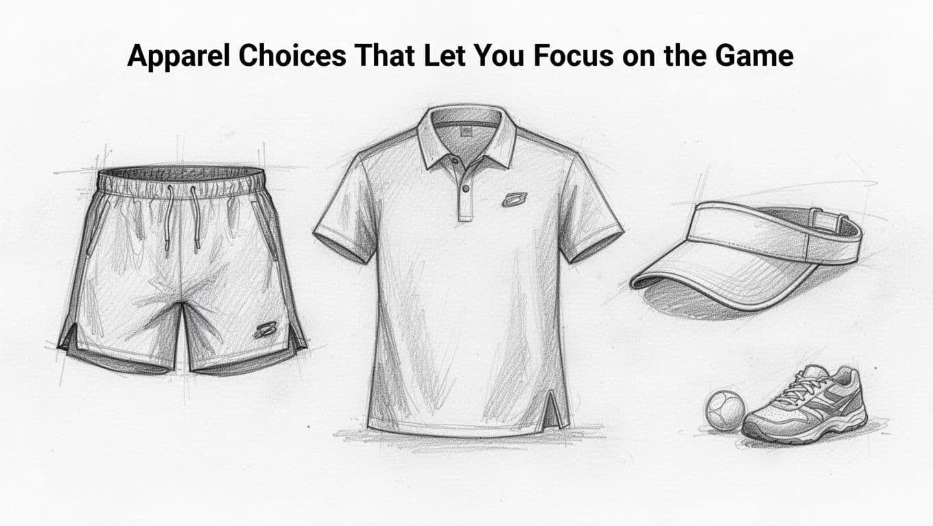 Hand-drawn graphite sketch of beginner tennis essentials laid out neatly: stretchy shorts, quick-dry shirt, and visor hat on clean white paper with light shading and cohesive linework.