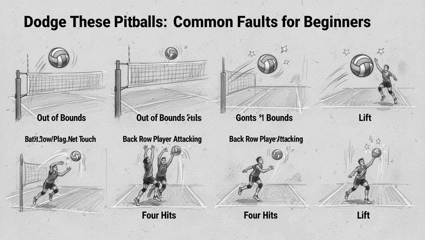 Hand-drawn sketch in multiple panels illustrating typical beginner volleyball faults like ball out of bounds, net touch, back row attacking, front four hits, and lift, focusing solely on ball actions in a court setting.
