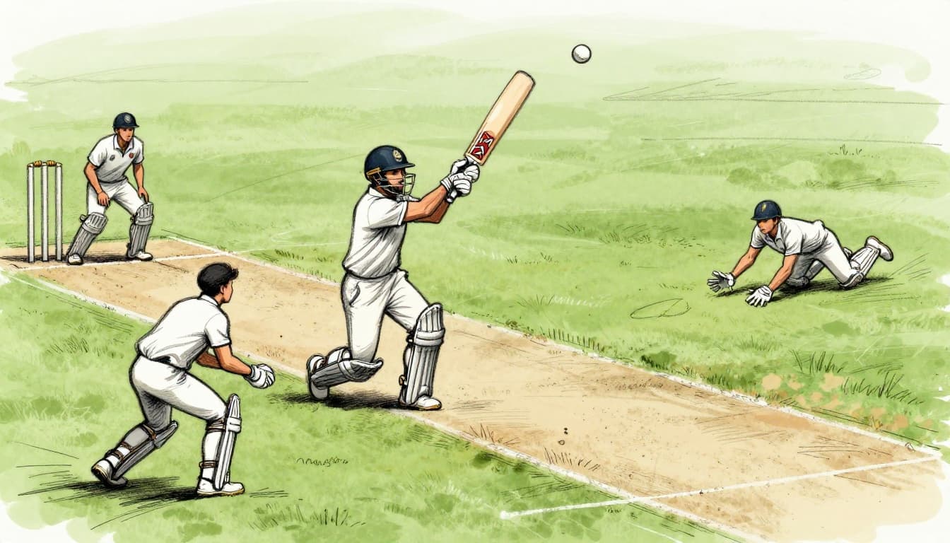 Hand-drawn graphite sketch depicting a batsman powerfully hitting the ball over the boundary rope for a six, with two fielders diving in desperation on a cricket pitch with visible wickets. Dynamic side-angle action shot on white background with light shading.