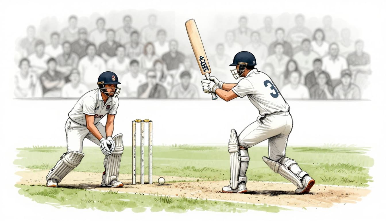 Hand-drawn graphite sketch of a cricket batter hitting the ball on full pitch bounce to the boundary rope for four runs, fielder diving desperately near the rope, blurred crowd in background, clean white background.