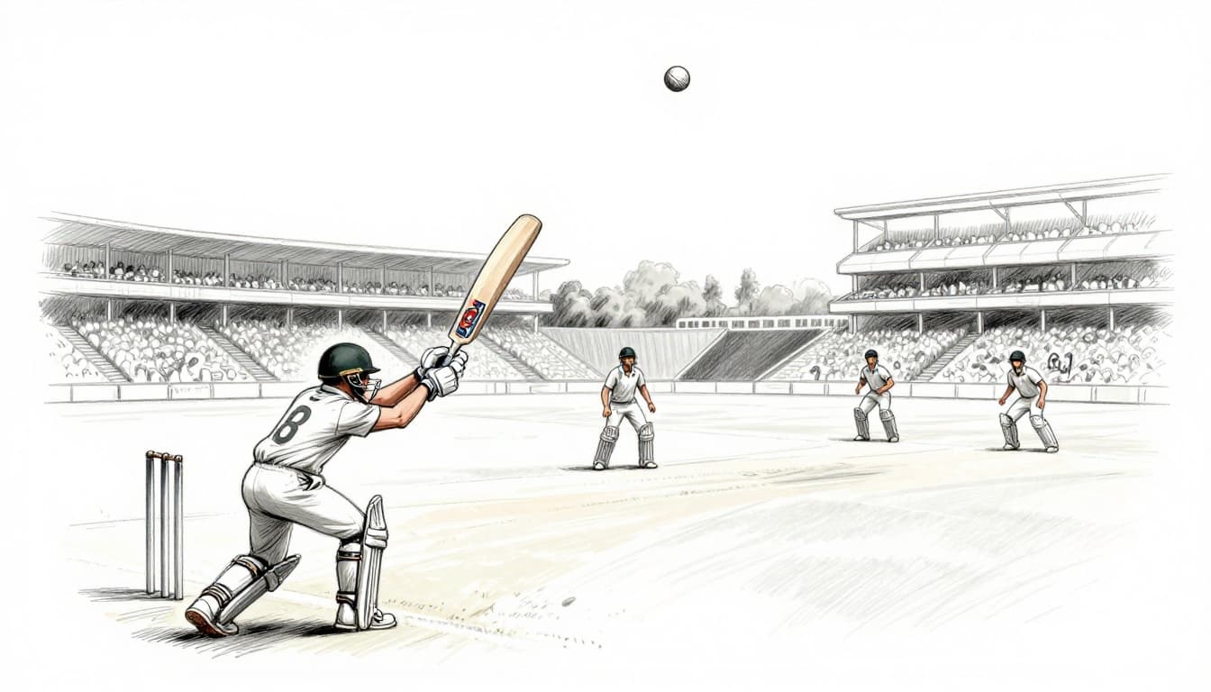 Hand-drawn graphite sketch of a cricket batter powerfully hitting a six, ball soaring over the boundary rope and stands, with one fielder watching, light shading on clean white background.