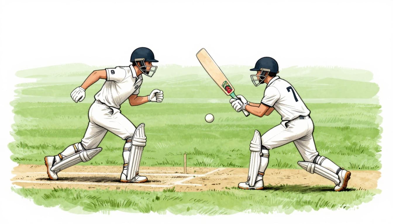 Two cricket batters sprinting between wickets on a green field, one near the crease and one midway, with a fielder throwing the ball from the outfield and stumps visible. Hand-drawn graphite sketch with light shading on a clean white background.
