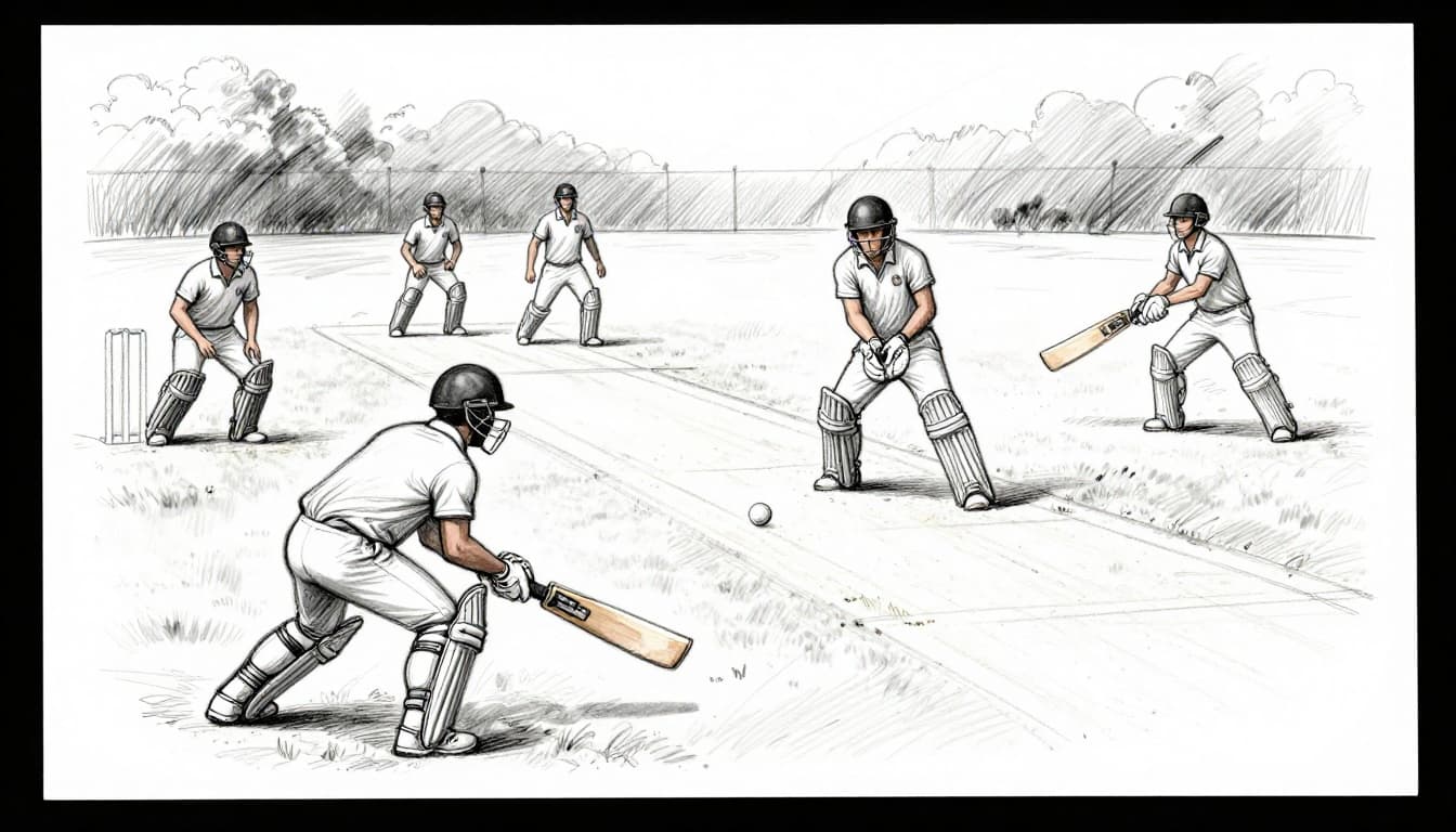 Hand-drawn graphite sketch showing two batsmen on a cricket pitch—one guarding the wicket after hitting the ball airborne—with bowler mid-action and fielders chasing, side view along the pitch with light shading on white paper.