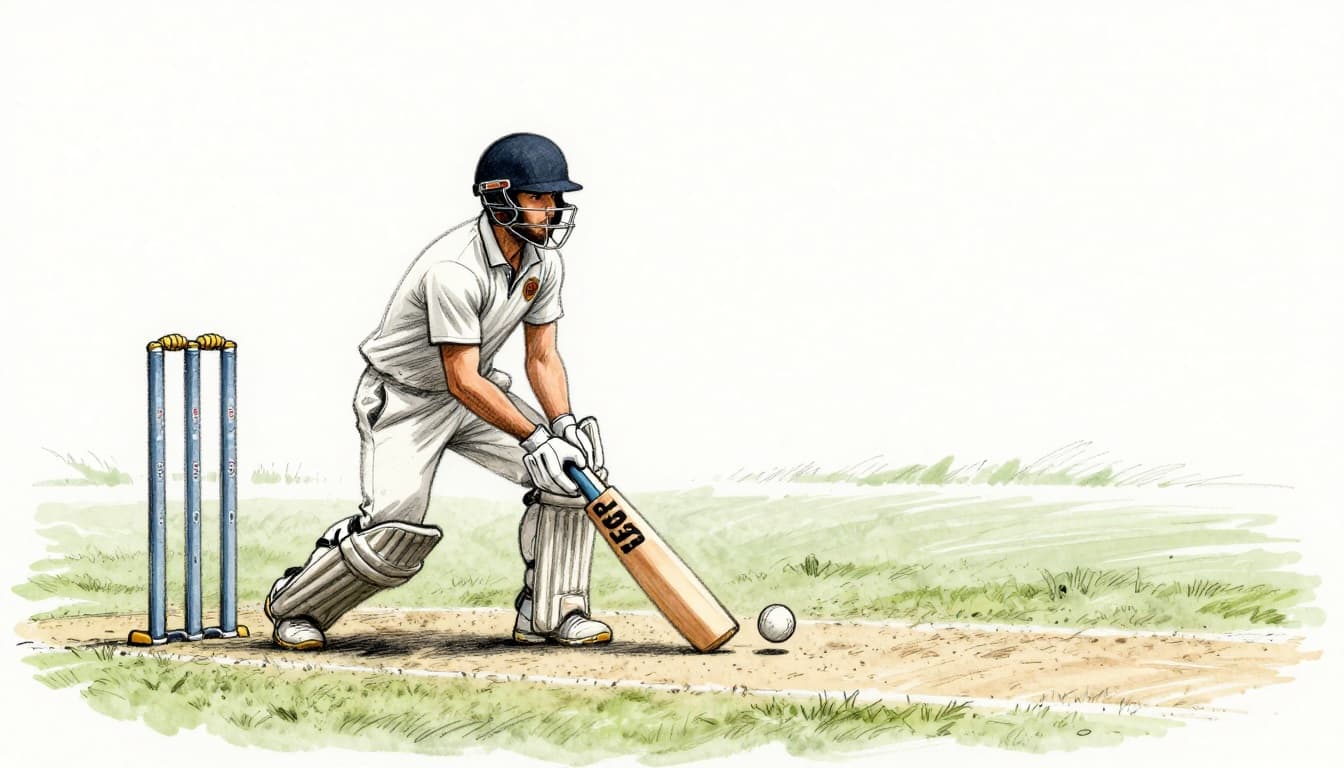 Hand-drawn graphite sketch of an umpire signaling out for LBW dismissal, batsman's leg in front as ball hits pad near stumps, close-up pitch and wicket view.