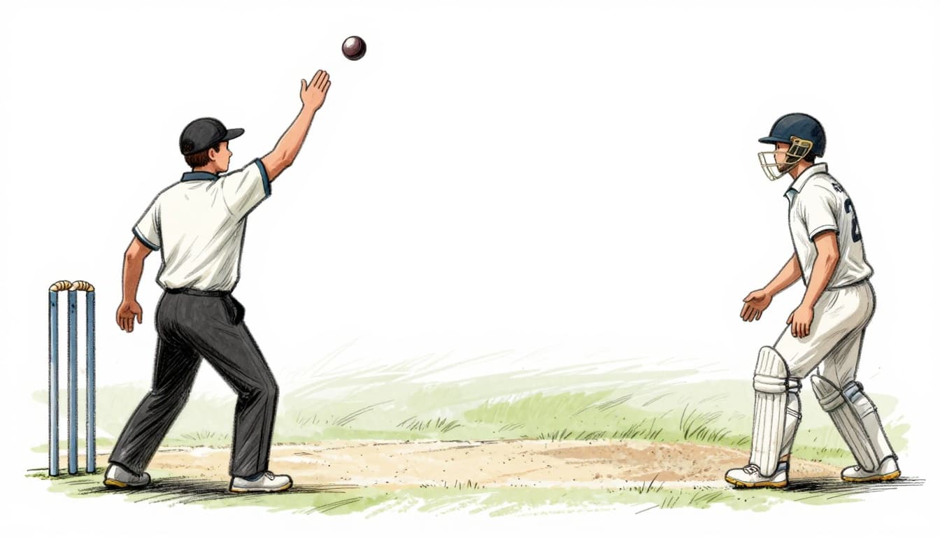 Hand-drawn sketch of a cricket umpire raising his arm to signal a no-ball, with the bowler overstepping the crease and batter waiting, in graphite linework with light shading on a clean white background.