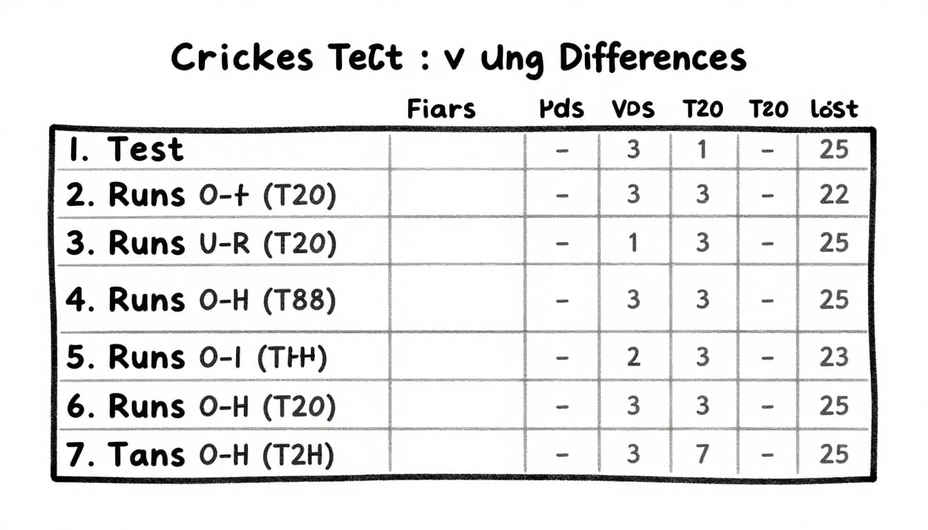 Hand-drawn sketch style cricket scoreboard comparing runs, wickets, overs, and extras across Test, ODI, and T20 formats side by side on a clean white background.