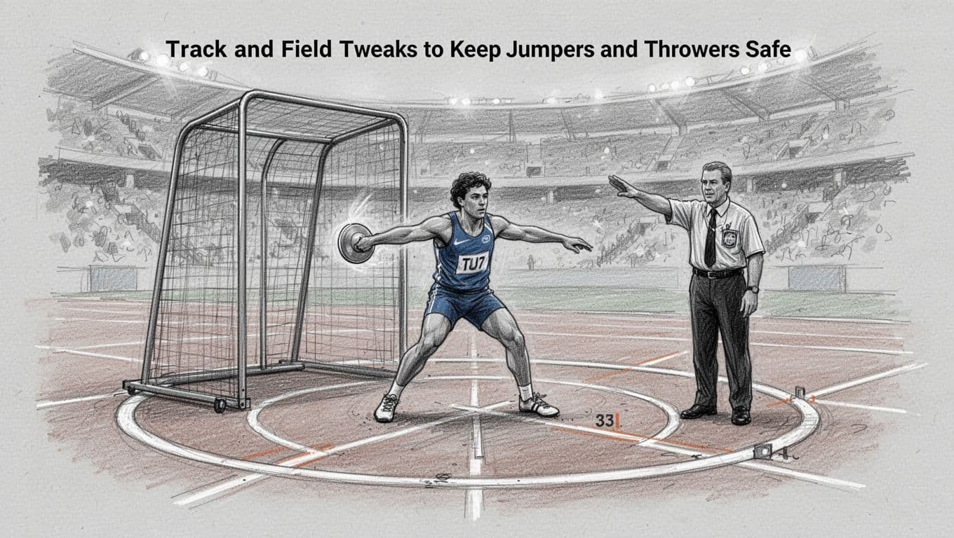 Hand-drawn graphite sketch of a track and field athlete in throwing circle holding discus, surrounded by safety cage and marked clear zones, official signaling start, stadium background, action pose preparing throw.