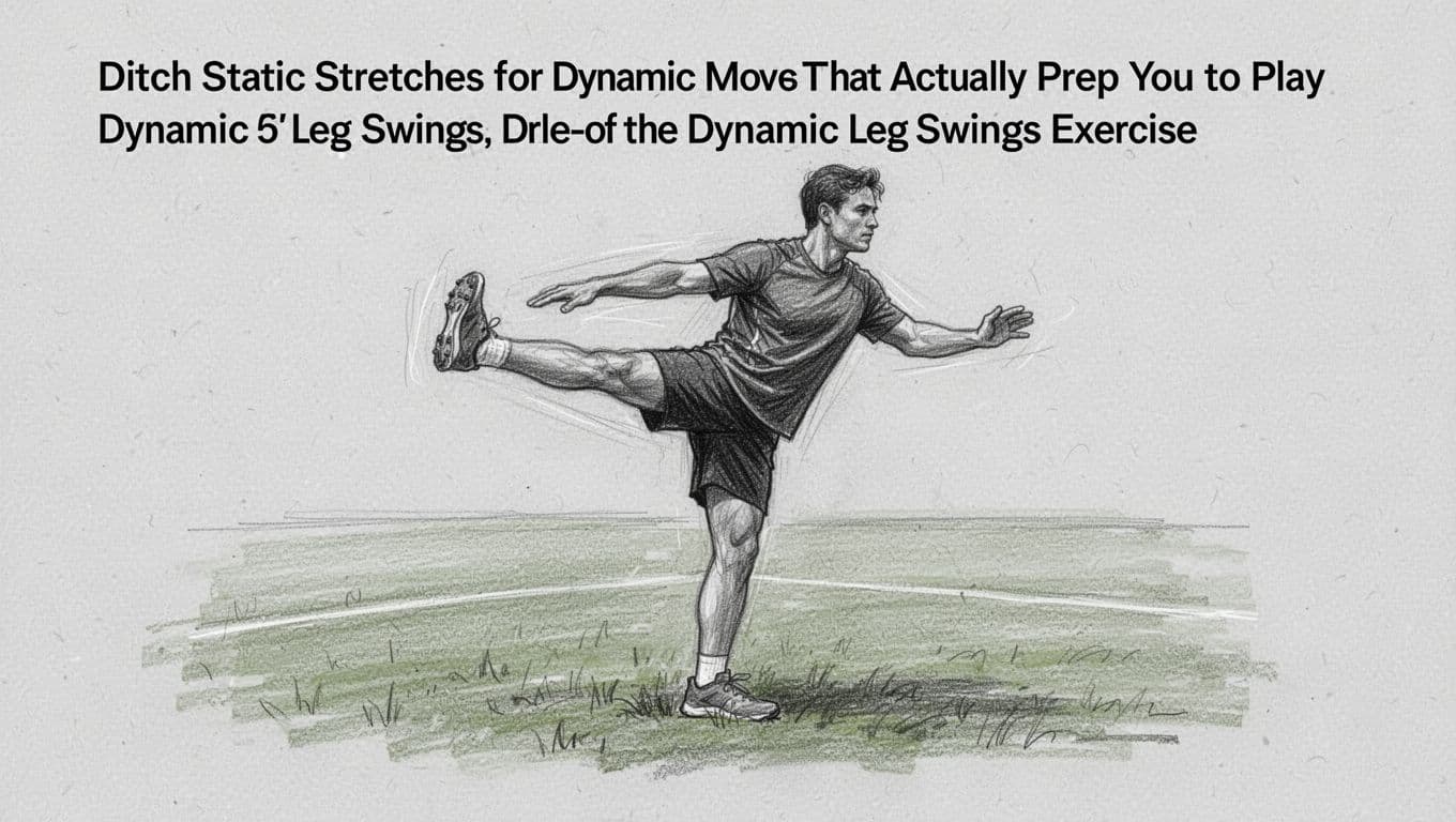 Hand-drawn graphite sketch of a lone athlete in athletic wear performing dynamic leg swings on a grassy sports field, captured in side profile to show full motion against a clean light gray paper background with natural daylight lighting.