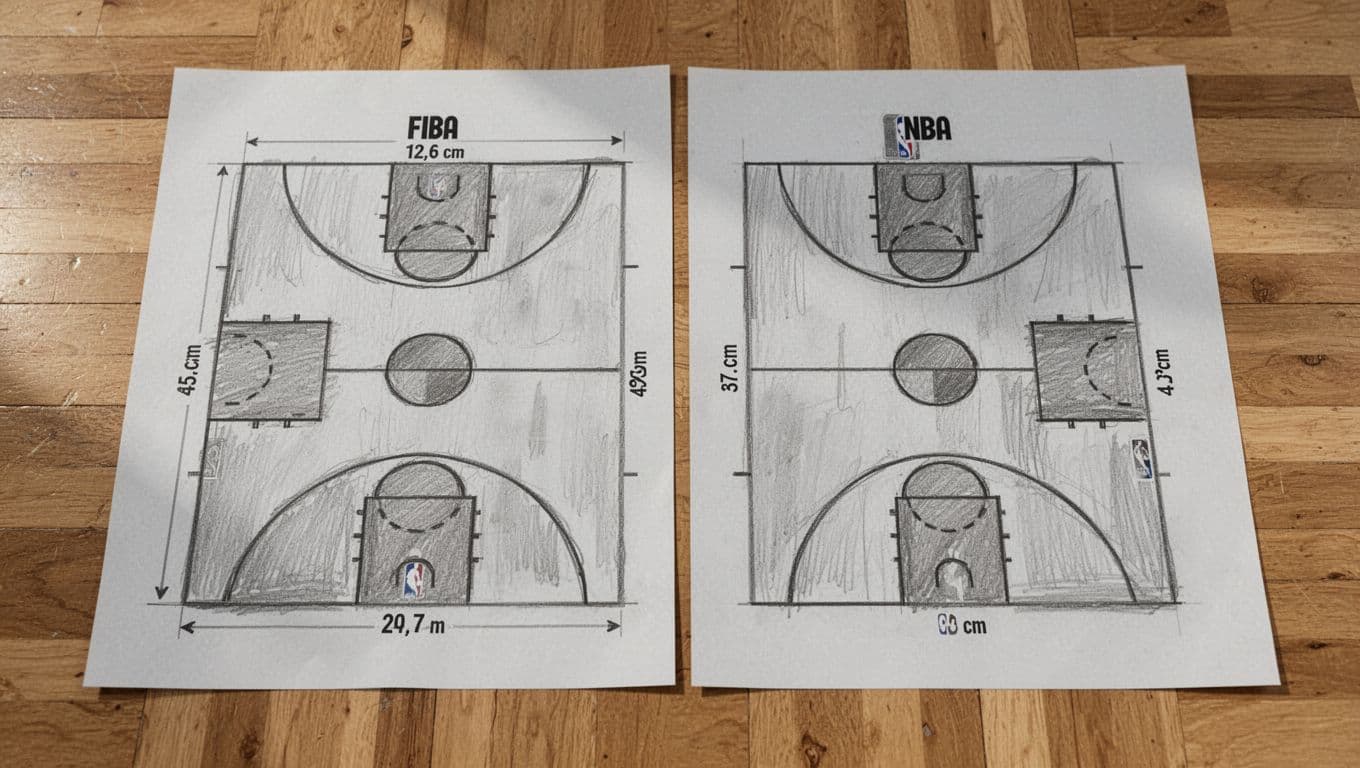 Hand-drawn graphite sketch showing FIBA and NBA basketball courts side-by-side with key dimensions like lengths, widths, three-point arcs, and free-throw circles.