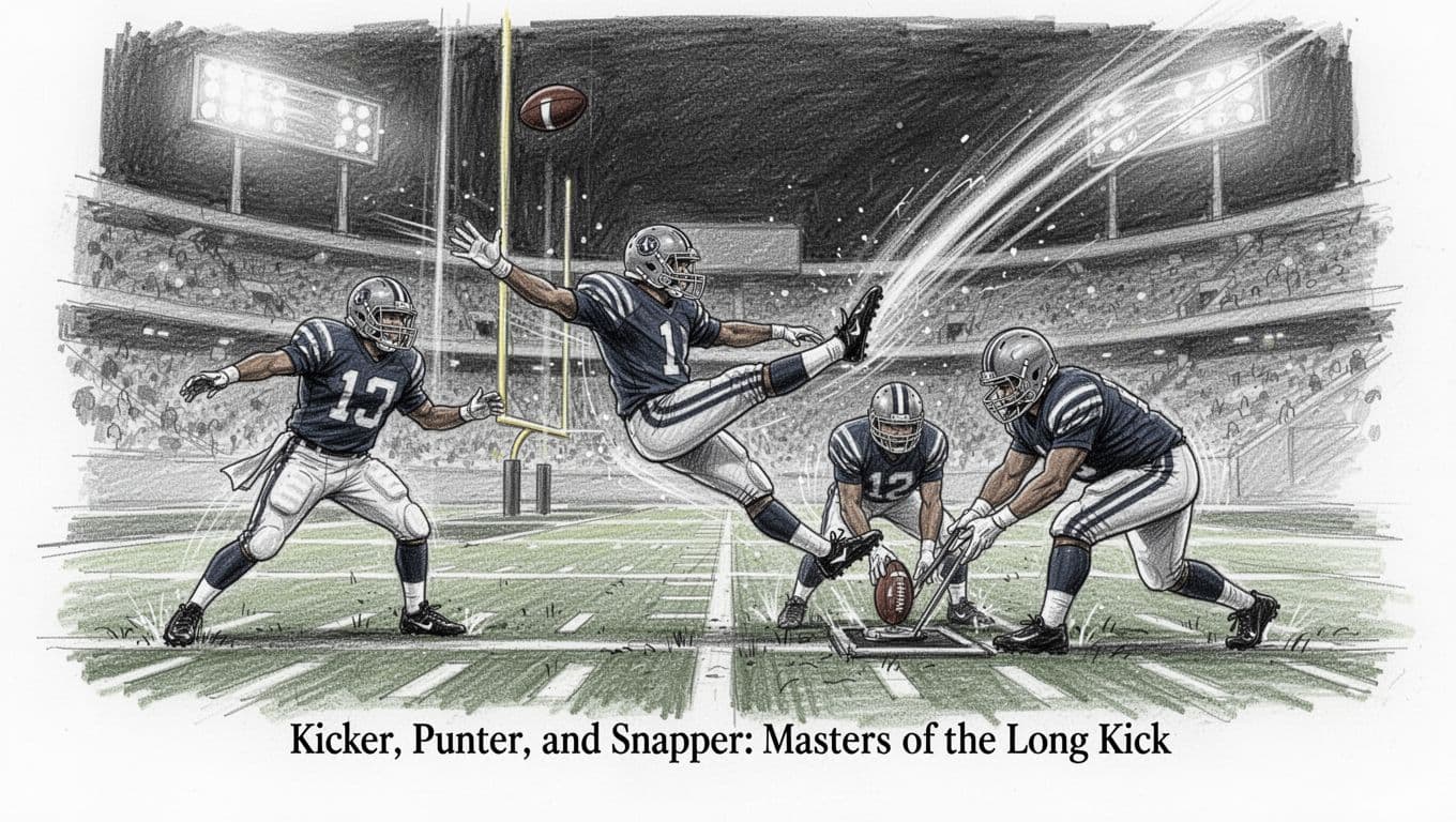 Hand-drawn graphite sketch of a football kicker in action kicking a long field goal during a night stadium game, with punter catching the snap and long snapper releasing the ball from under center. Dynamic composition with motion lines, light shading, and clean white paper background, focusing on exactly three players.