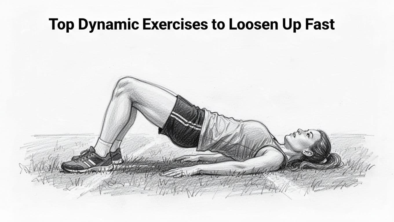 Hand-drawn graphite sketch of one athlete performing a glute bridge exercise on a grass field, supine with hips lifted, side view, light shading, clean white background, outdoor light.