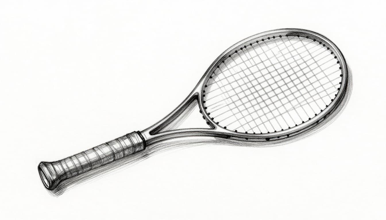Hand-drawn graphite sketch of a beginner tennis racket on clean white paper, highlighting lightweight design, large head size, and standard length with light shading. Centered composition with exactly one racket, no people, text, logos, or extra objects.