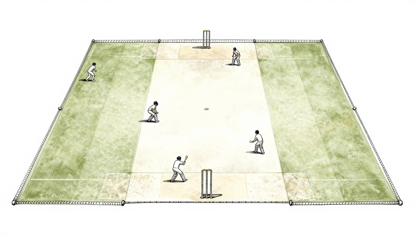Top-down hand-drawn sketch of an oval cricket field with central 22-yard pitch, wickets at both ends, boundary rope, fielders in positions like slips and mid-off, and one bowler. Graphite linework and light shading on white paper background for beginners.
