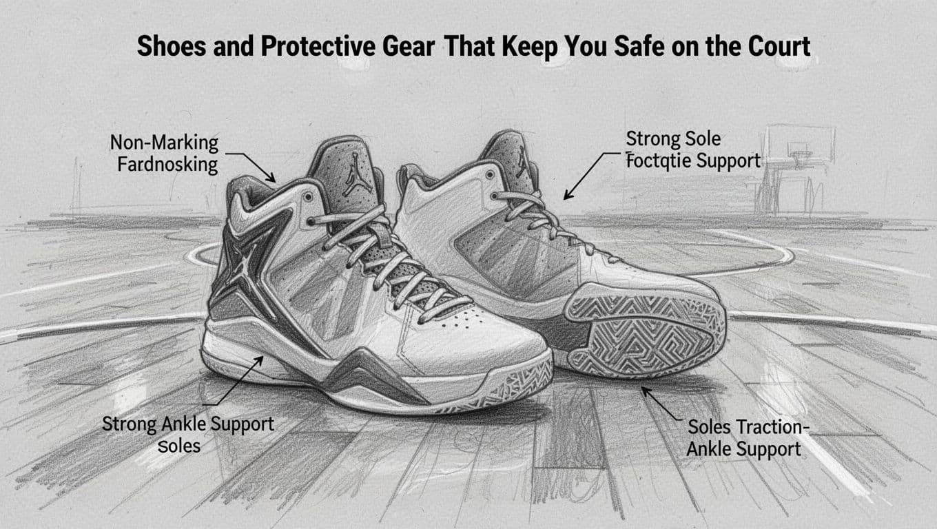 Hand-drawn graphite sketch of high-top basketball shoes featuring non-marking soles, strong ankle support, and traction patterns, shown from side and bottom views on a wooden basketball court floor with light shading.