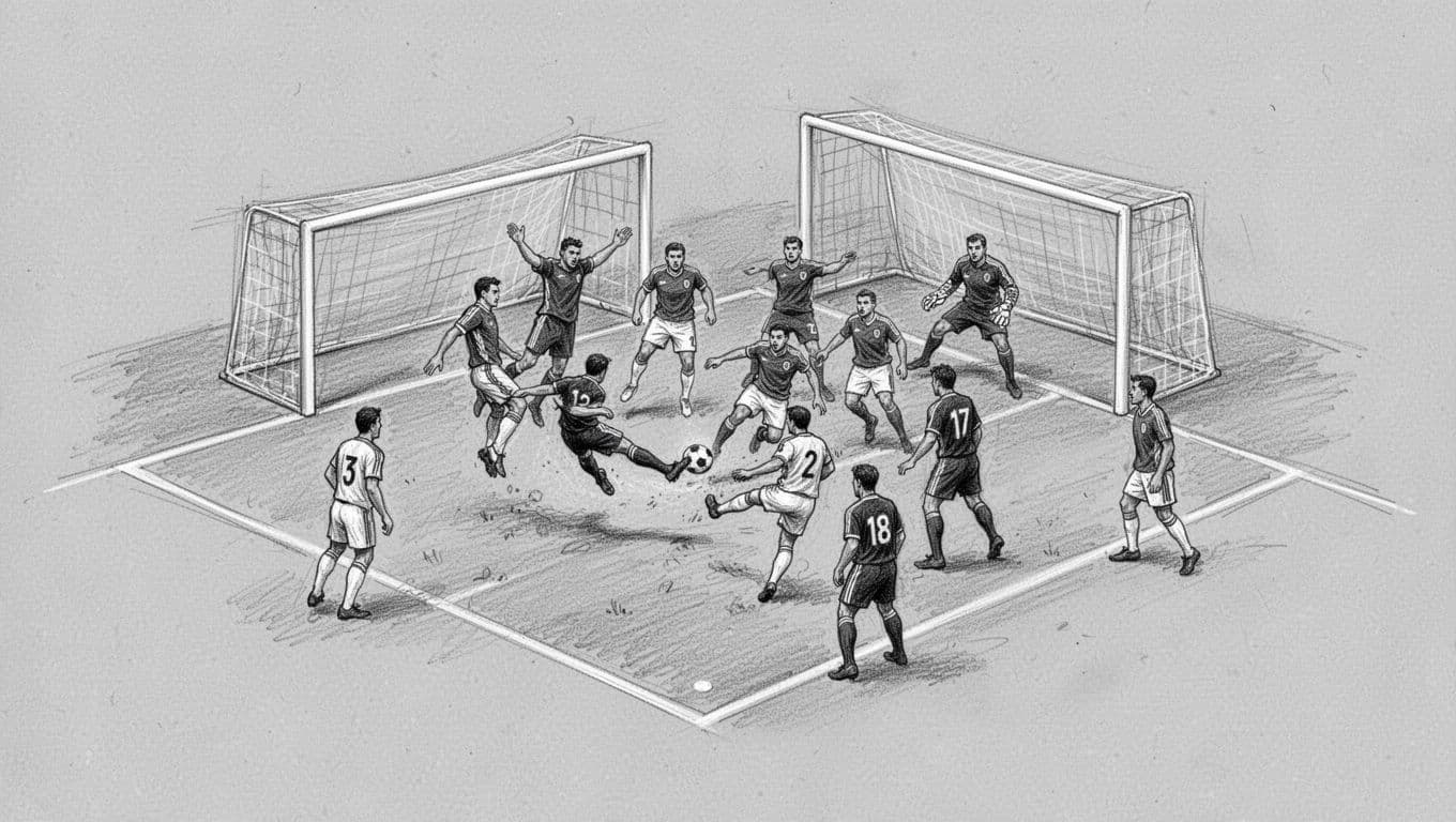 Top-down view graphite sketch of a corner kick set piece showing a player crossing the ball into a crowded penalty area, with attackers jumping, defenders marking tightly, and goalkeeper poised. Illustrates the intense chaos of open play scoring opportunities.