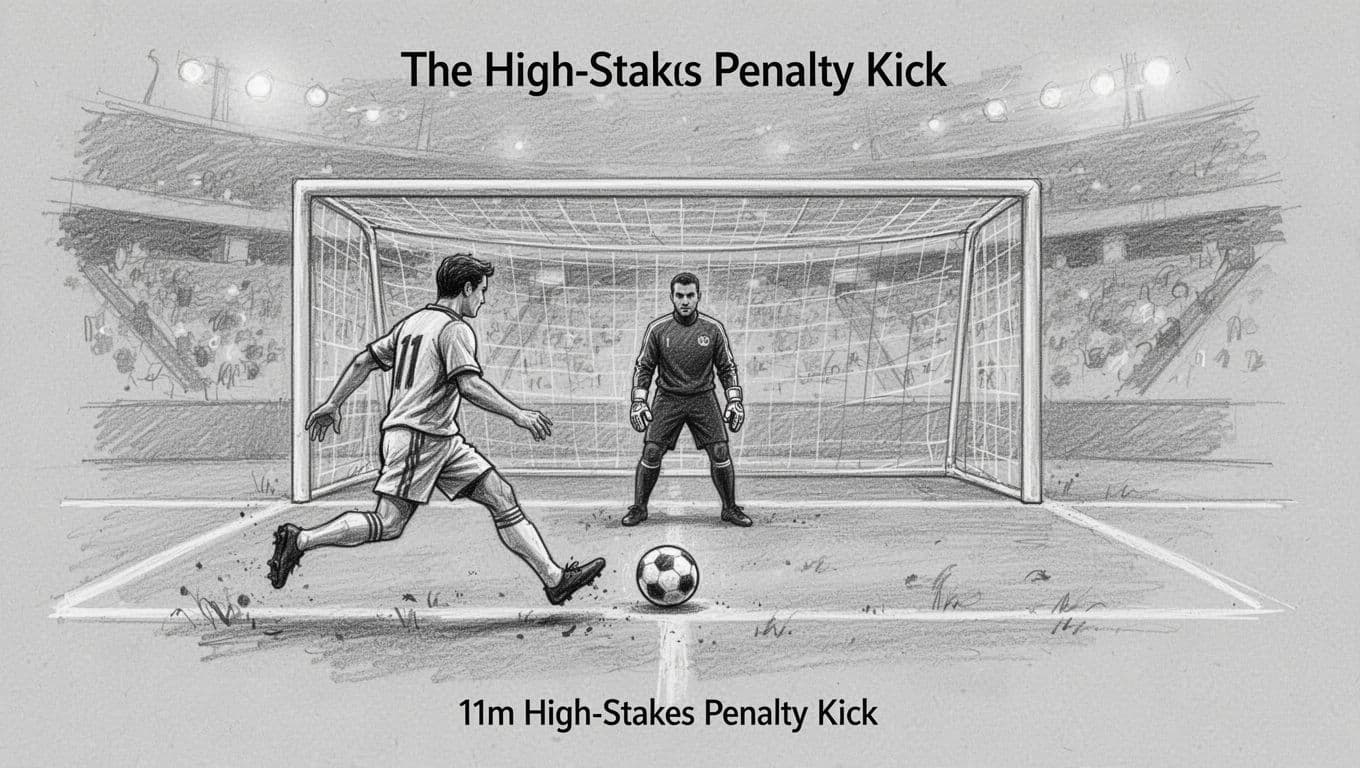 Hand-drawn graphite sketch from side view showing a soccer striker running up to kick the ball at the penalty spot toward the goal, with the goalkeeper centered on the goal line, goalposts and net visible, faint stadium background on clean light gray paper.