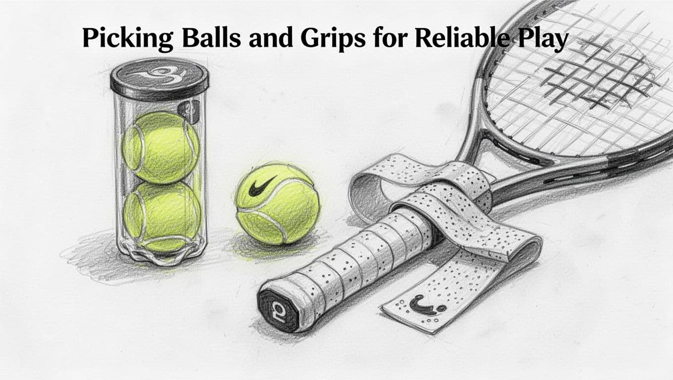 Hand-drawn graphite sketch showing a can of pressurized tennis balls, a pressureless ball, and a racket handle with replacement grip and overgrip partially applied, arranged on white paper.