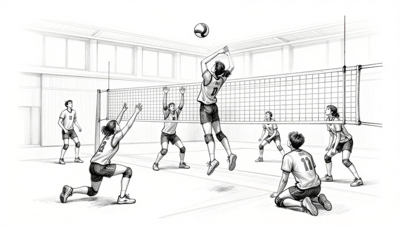 Hand-drawn graphite sketch on white paper showing a server mid-jump spiking the ball over the net toward two diving receivers and one blocker in an indoor gym, side view.