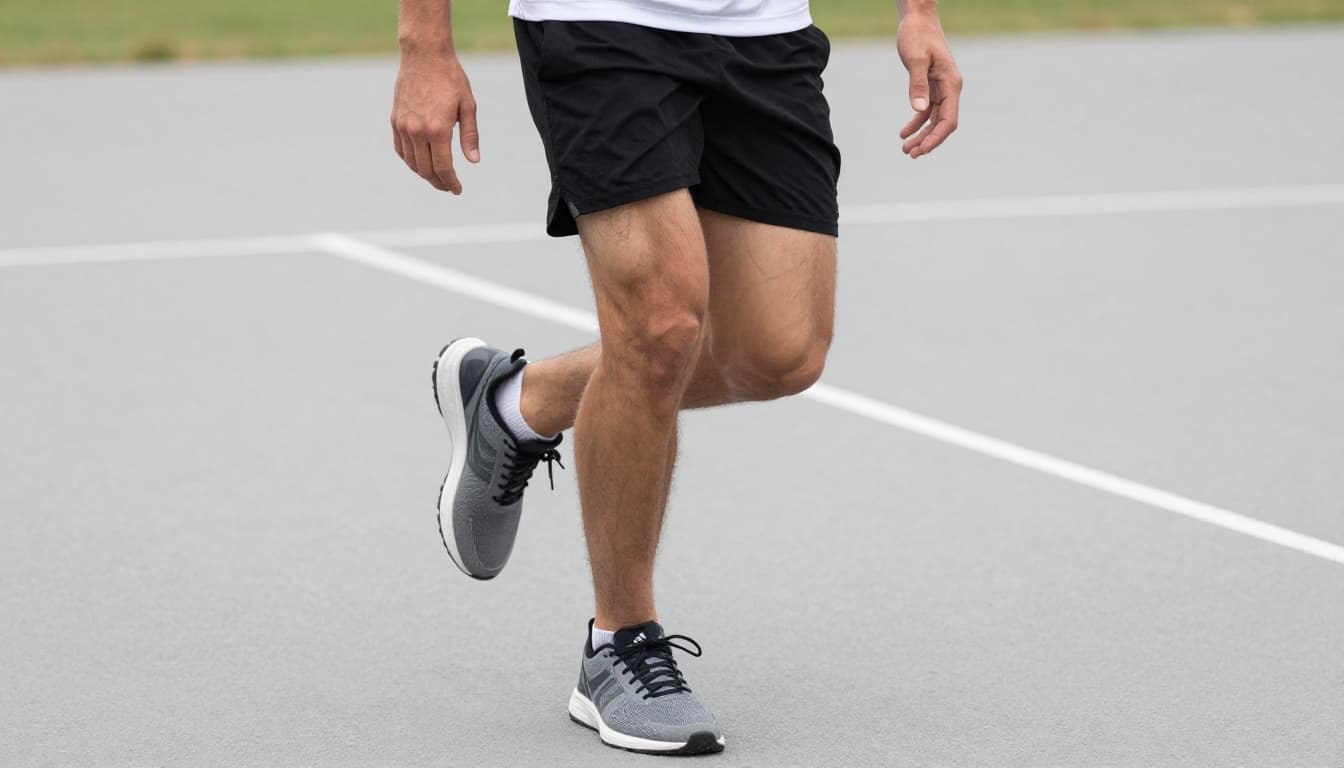 Front view sketch of a single athlete performing high knees jog in place on a sports field, capturing knee lift motion in hand-drawn graphite linework with light shading on clean light gray paper background.
