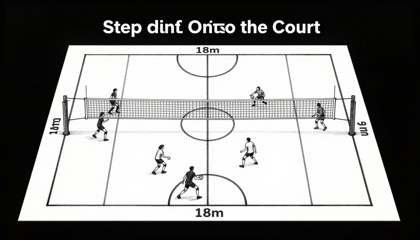 Top-down hand-drawn diagram of a standard indoor volleyball court, illustrating 18m x 9m dimensions, central net with antennas, free zone, attack line, and player positions in front and back rows.