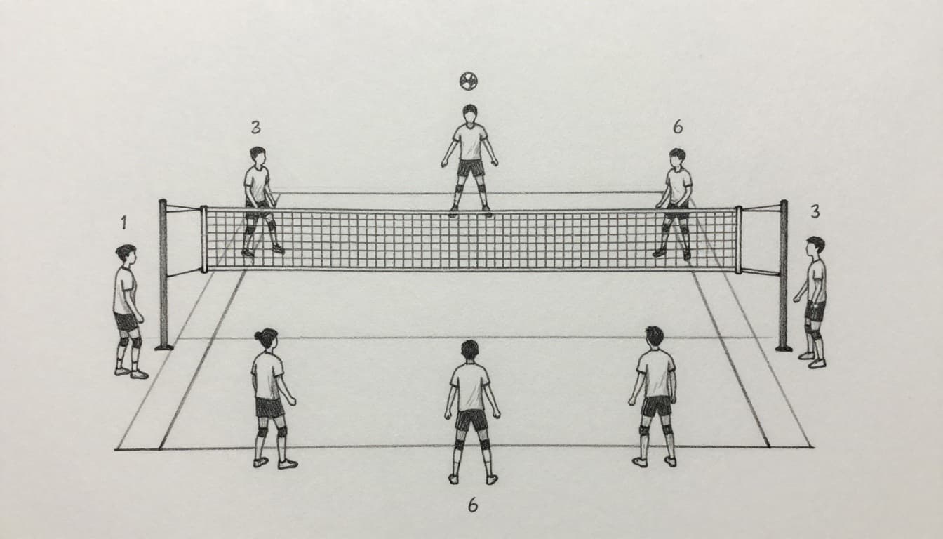 Hand-drawn graphite linework sketch on white paper showing a top-down view of an indoor volleyball court diagram with six positions labeled 1-6 clockwise from right back serve position, simple player figures, central net, light shading, sparse details.