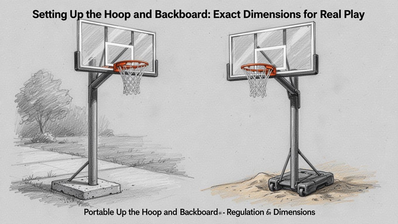 Hand-drawn graphite sketch showing side-by-side comparison of regulation in-ground and portable basketball hoop setups with exact dimensions: 10-foot pole, 18-inch rim, 72x42-inch backboard, and appropriate bases.