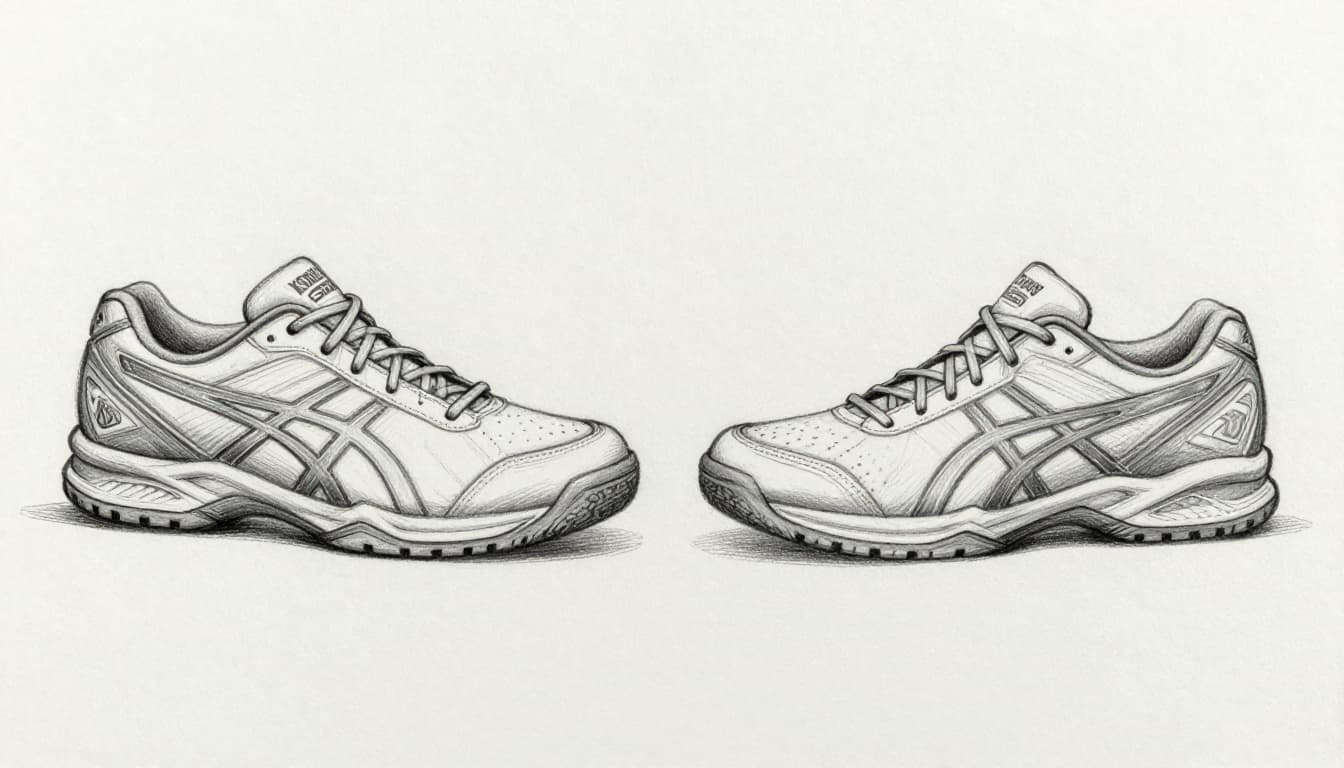 Hand-drawn graphite sketch of KSwiss Hypercourt Express 3 (left, light durable design) and ASICS Court FF 3 (right, wide base and secure sides) side by side on light gray paper. Light shading highlights grip soles and cushioned heels with cohesive linework.