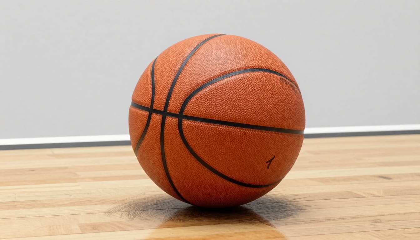 A hand-drawn graphite sketch of a standard men's size 7 regulation basketball resting on a wooden basketball court floor, showing pebbled orange leather surface with black seams and lines, light shading, natural gym lighting effect, on clean light gray paper background, centered with no people, text, or logos.