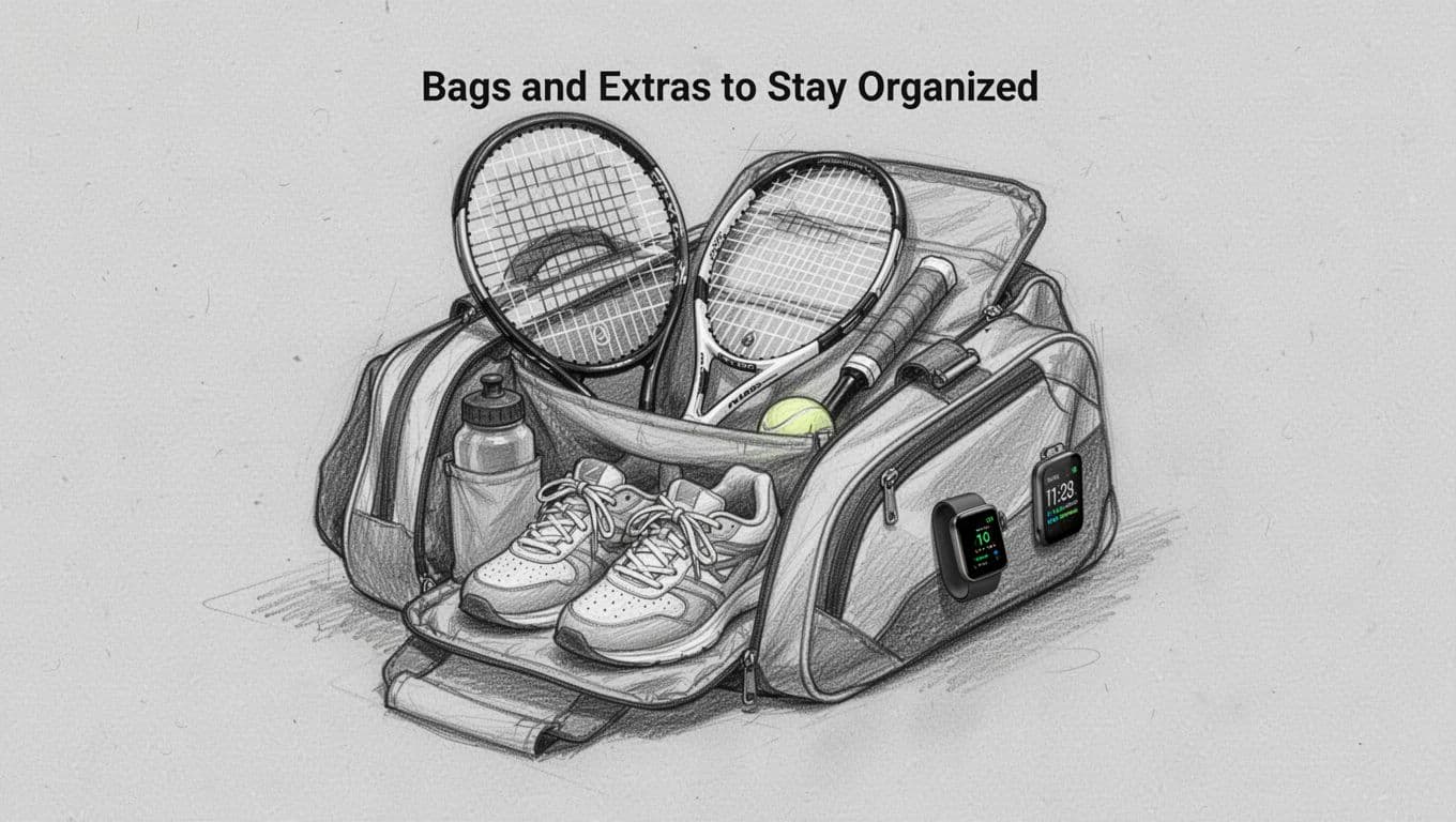 Hand-drawn graphite sketch of a beginner tennis bag open to show racket and shoe compartments, plus extras like water bottle and wearable tracker, on light gray paper background with light shading and cohesive linework.