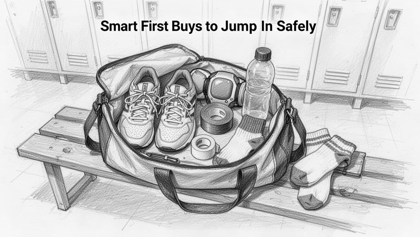 Hand-drawn graphite sketch with light shading on white paper: open volleyball gear bag on locker room bench containing shoes, pads, tape, water bottle, and socks. Top-down view, no people, text, logos, or watermarks.