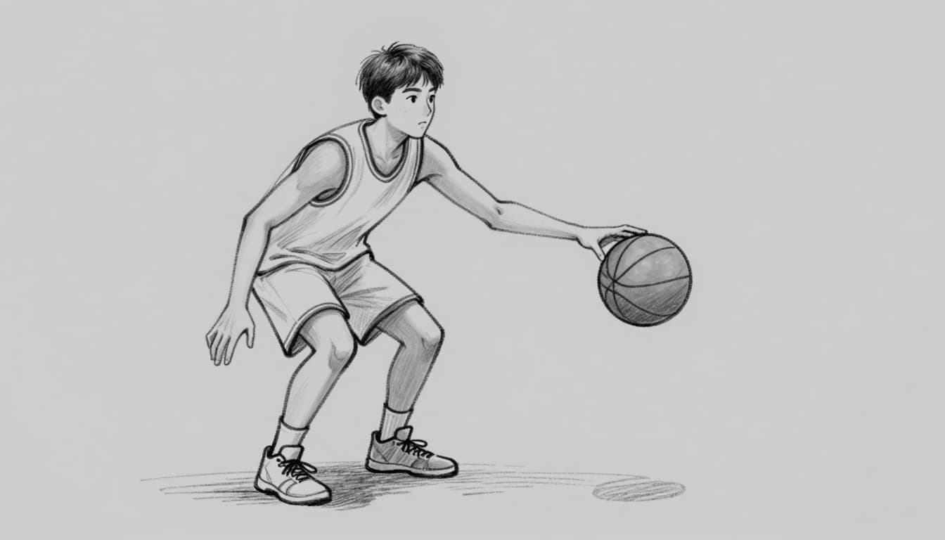 Hand-drawn graphite sketch of a single basketball player in ideal dribbling stance: feet shoulder-width apart, knees bent, back straight, head up, right hand lightly gripping ball at waist height with fingertips spread, left arm relaxed, on simple gym floor.