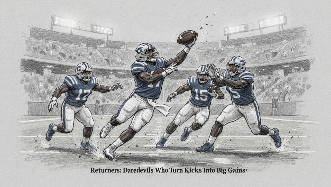Punt returner catching a high punt and evading two rushing tacklers on an open football field, depicted in a hand-drawn sketch style with graphite linework and light shading. Speedy athlete dodges left with ball tucked, blurred stadium stands in the background, capturing the thrill of a game-changing return.