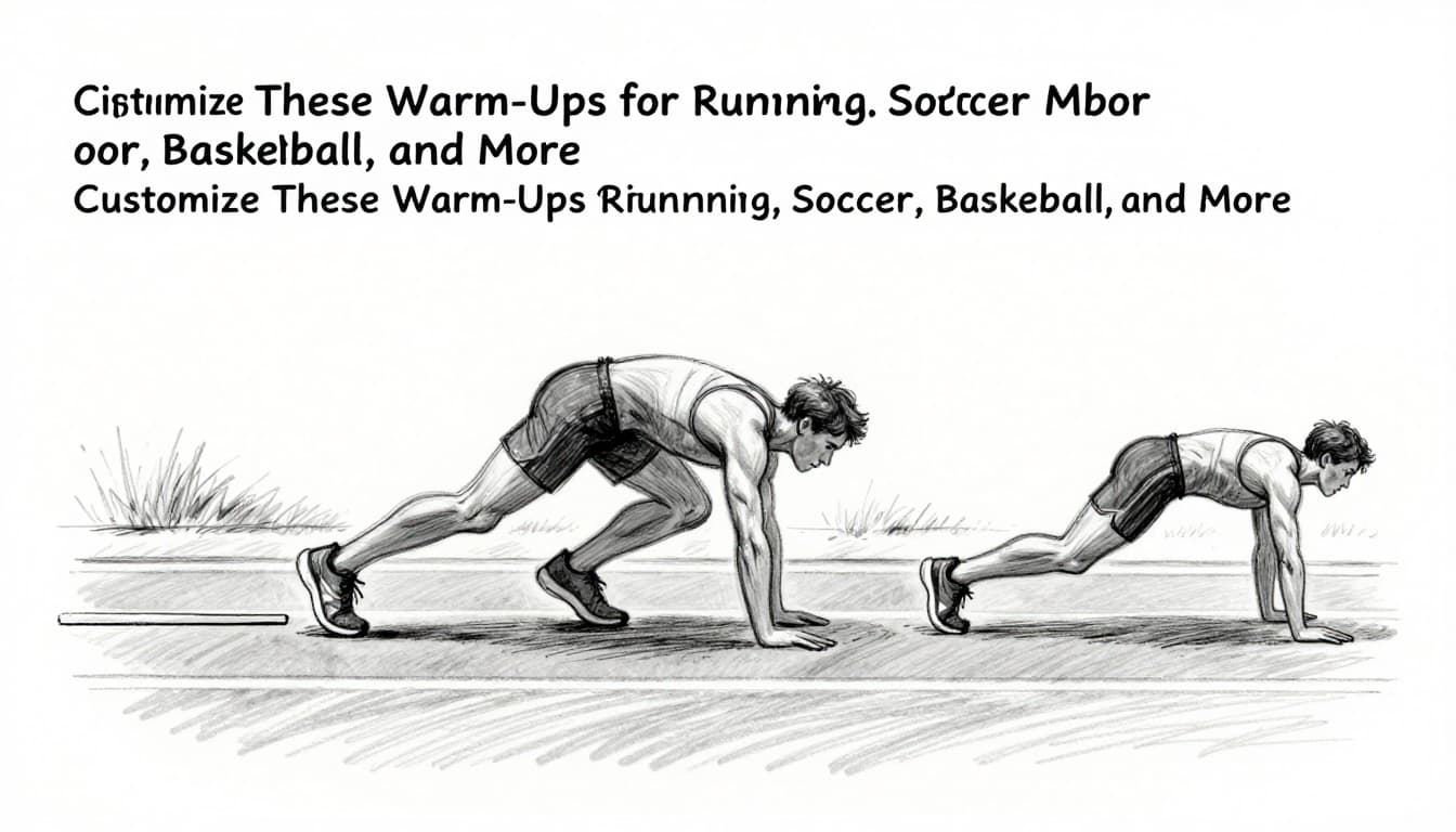 Hand-drawn graphite sketch of a lone runner performing inchworm exercise from standing to plank on a track, side view with implied sequence, light shading on white background.