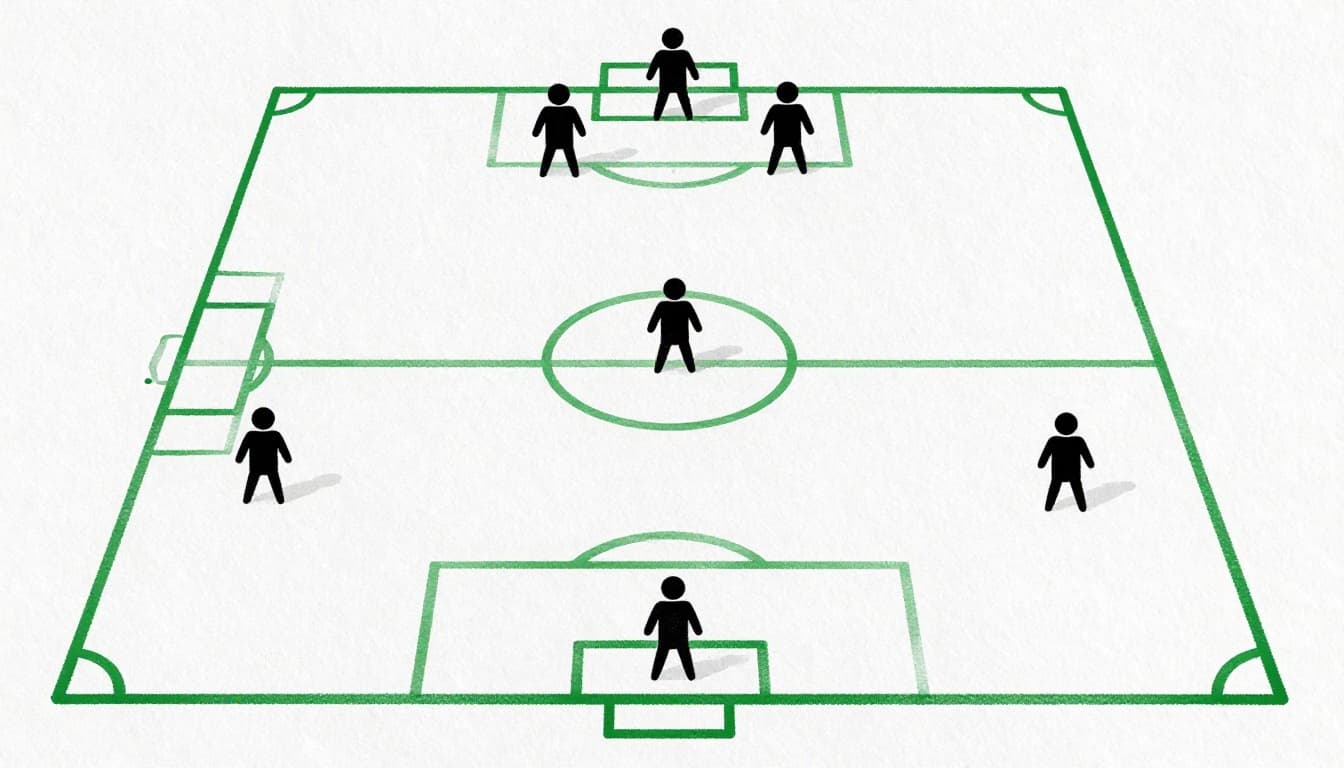 Overhead tactical diagram of a 4-3-3 soccer formation with simple player icons marking defense, midfield, and attack positions on a green pitch outline, hand-drawn sketch style with graphite lines and light shading on light gray paper background.