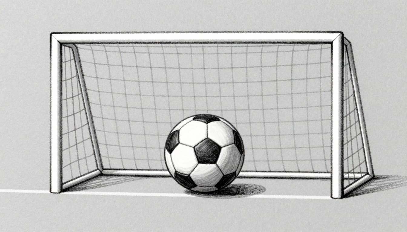 Hand-drawn sketch in graphite linework style showing a soccer ball completely over the goal line between white goalposts from a side view, capturing the exact moment that counts as a goal.