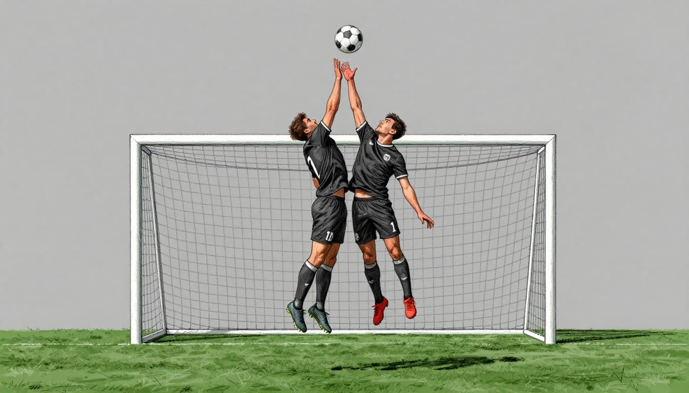 Two tall soccer center backs in dark jerseys jump high to head a ball away during a corner kick in the central defensive area, hand-drawn graphite sketch style.