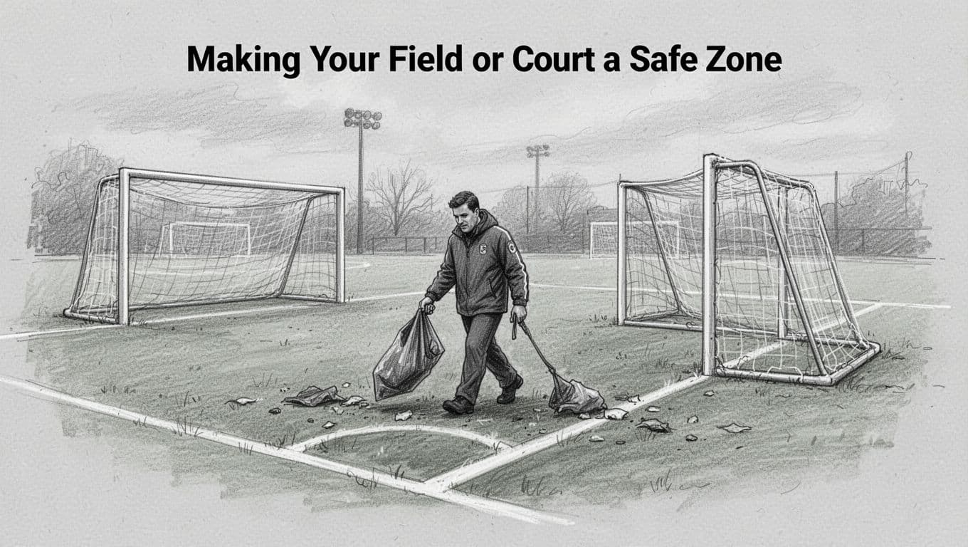 Hand-drawn graphite sketch of a coach walking across a soccer field on an overcast day, picking up debris and checking goalposts amid clear marked boundaries.