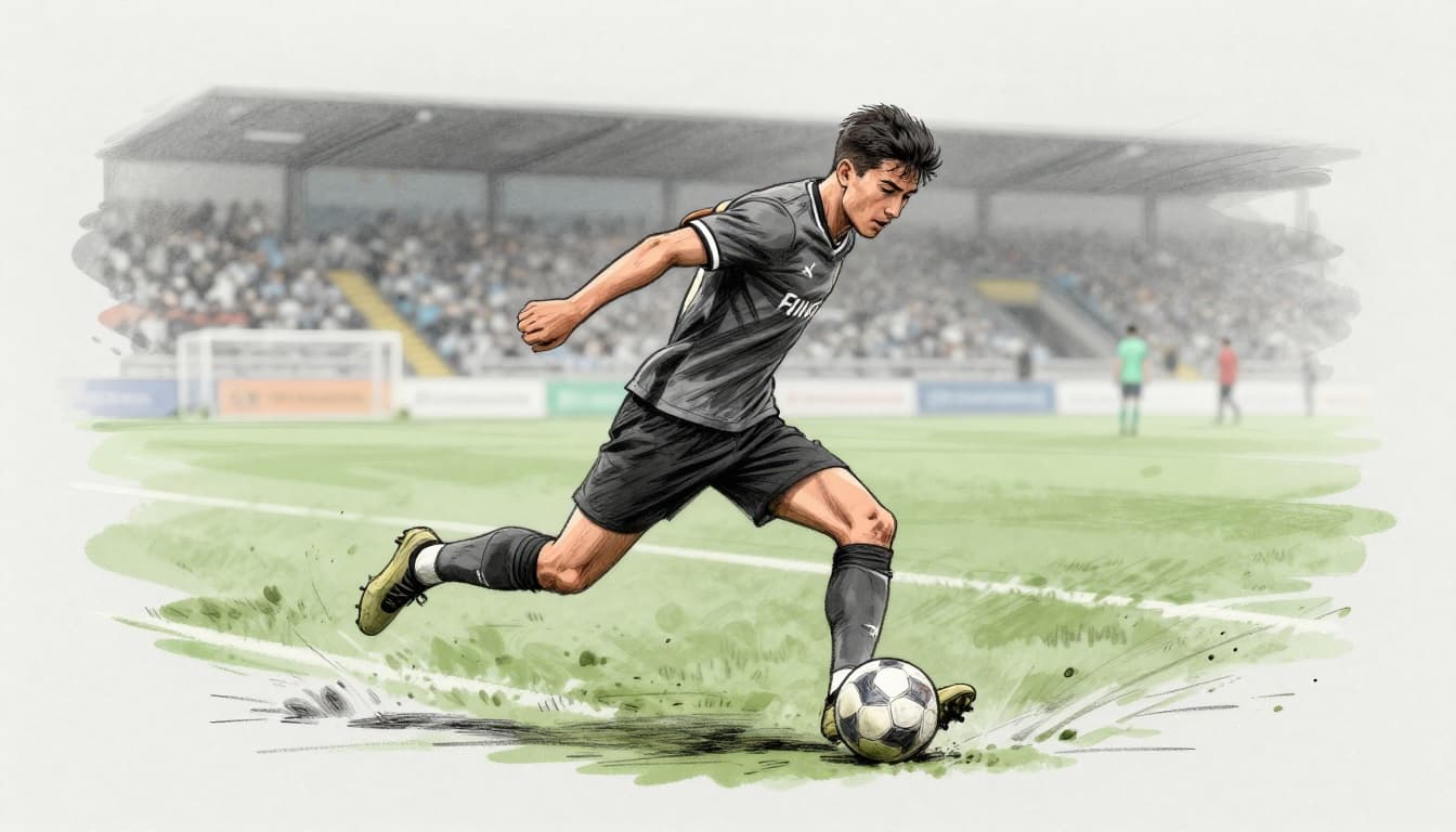 Hand-drawn graphite sketch of a soccer fullback sprinting down the flank with ball at feet, providing width in attack on green pitch with blurred stadium stands.